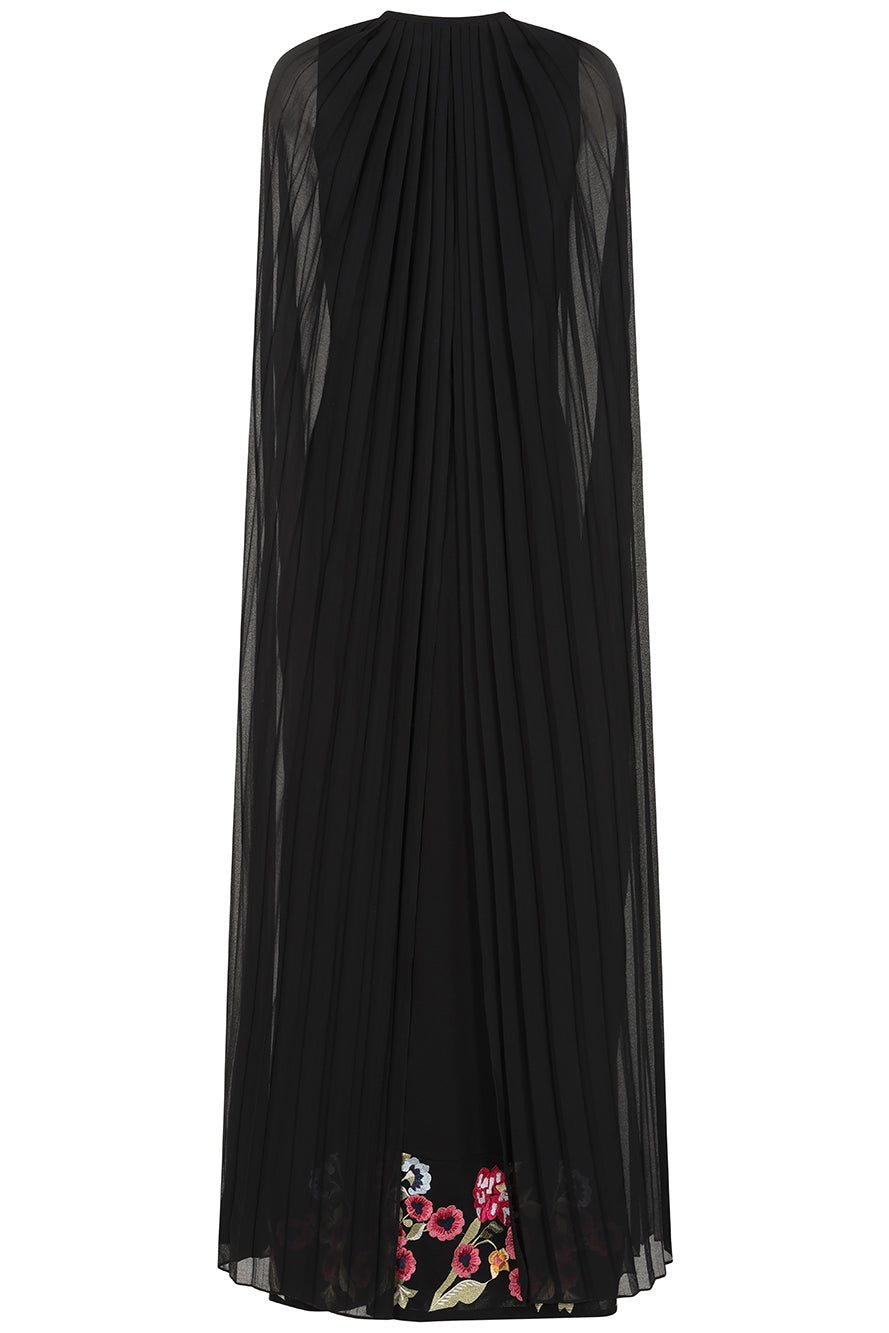 Valentina Black Floral Embroidered Maxi Dress with Pleated Cape