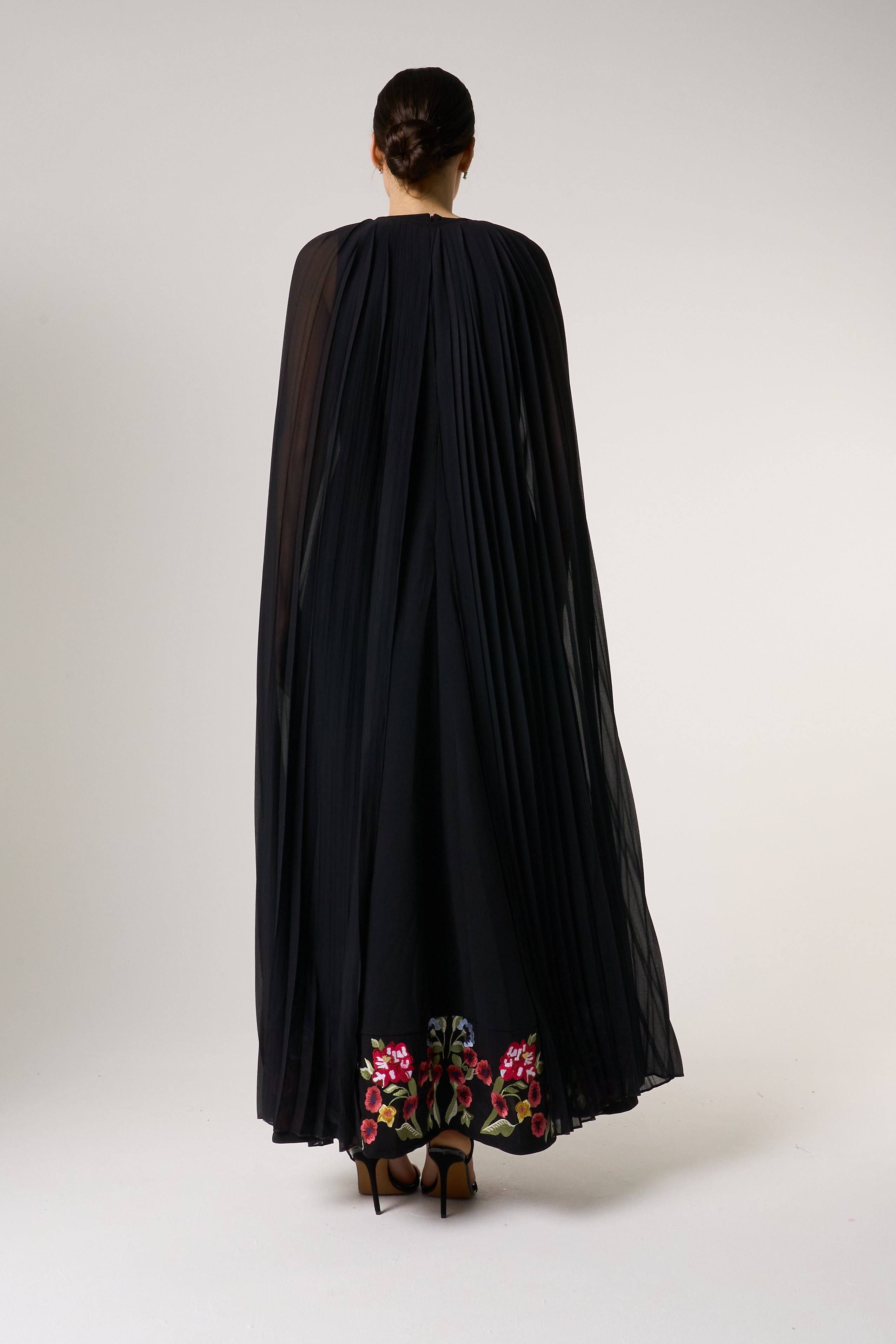 Valentina Black Floral Embroidered Maxi Dress with Pleated Cape