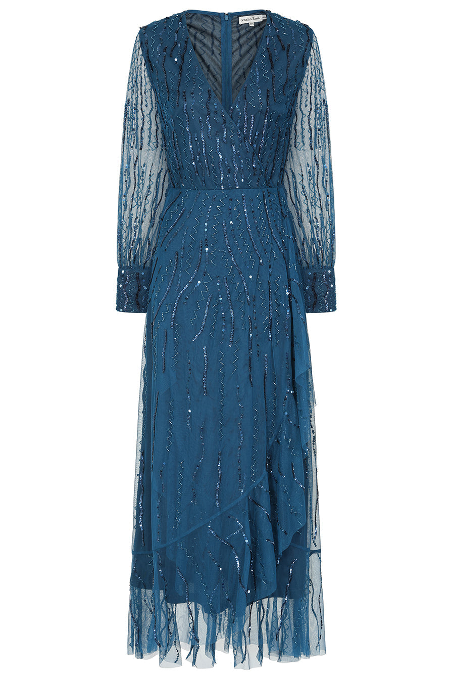 Velora skipper blue sequin midi dress with V-neckline, long sleeves, and fit-and-flare silhouette, perfect for evening events, weddings, and parties.