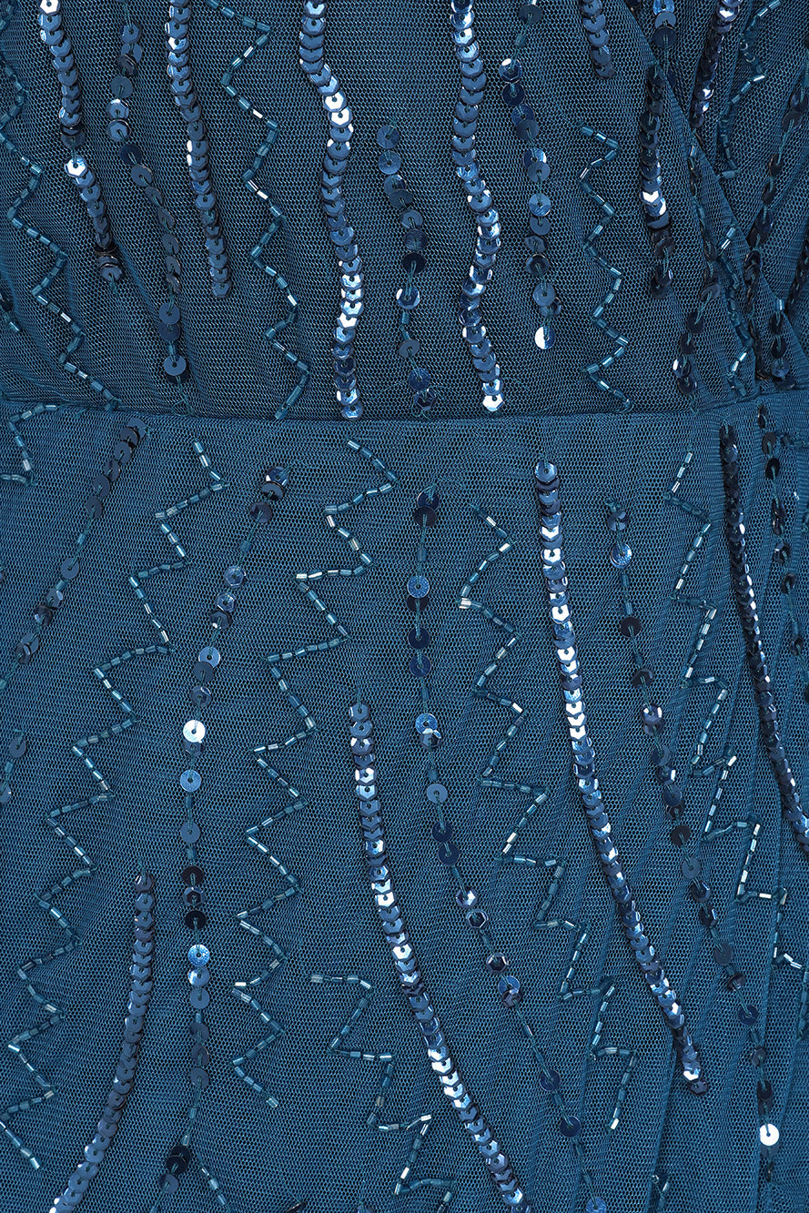 Velora skipper blue sequin midi dress with V-neckline, long sleeves, and fit-and-flare silhouette, perfect for evening events, weddings, and parties.