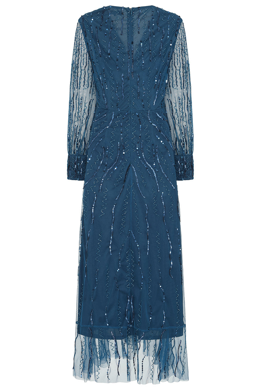 Velora skipper blue sequin midi dress with V-neckline, long sleeves, and fit-and-flare silhouette, perfect for evening events, weddings, and parties.
