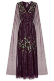 Verbena Purple Cape Sleeve Floral Embellished Maxi Dress