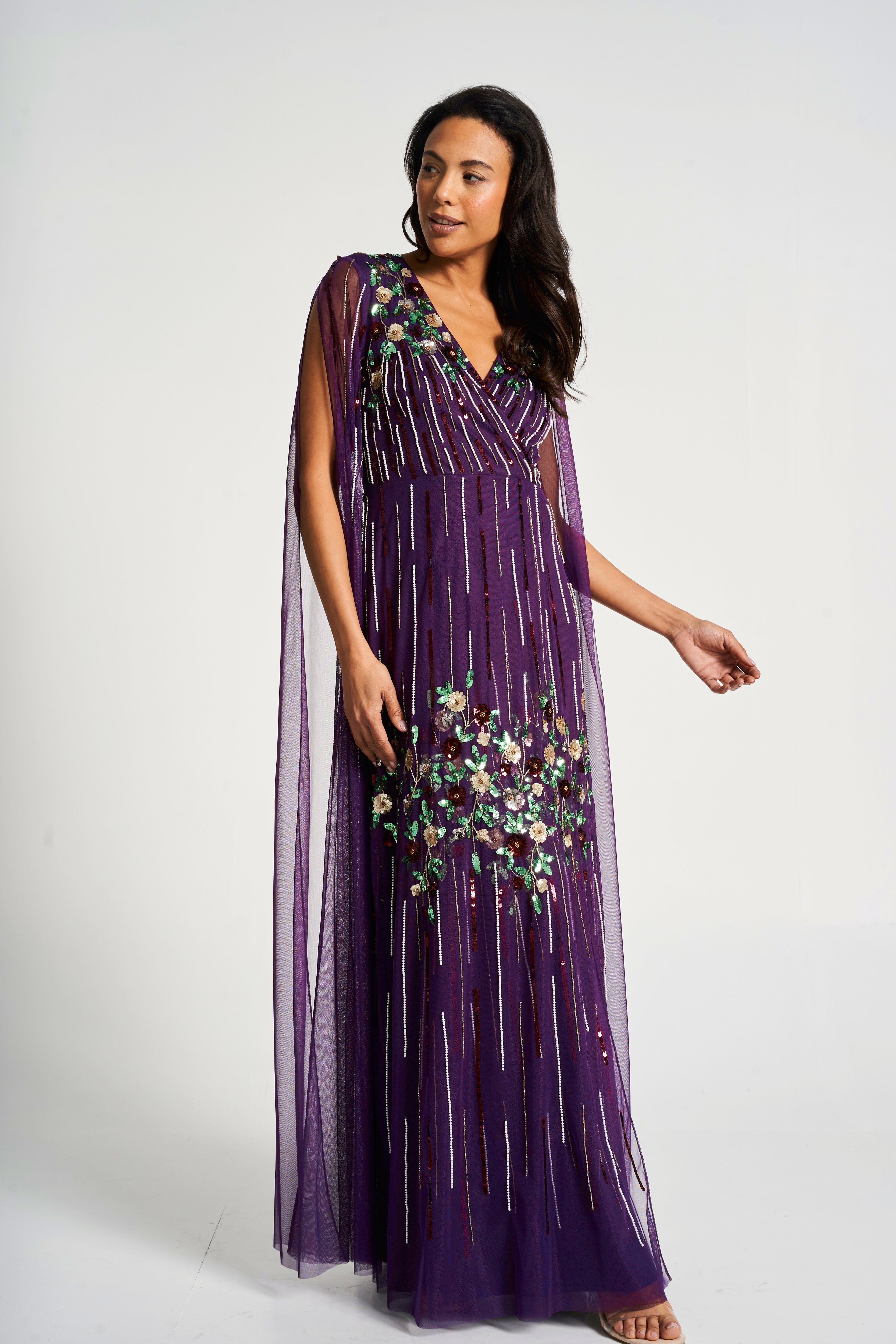 Verbena Purple Cape Sleeve Floral Embellished Maxi Dress