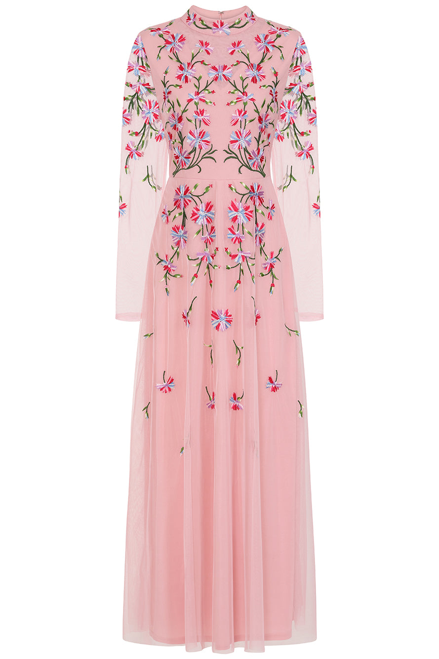 Verena pink floral embroidered maxi dress by Frock & Frill with sheer long sleeves