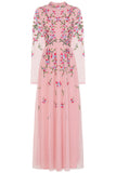Verena pink floral embroidered maxi dress by Frock & Frill with sheer long sleeves