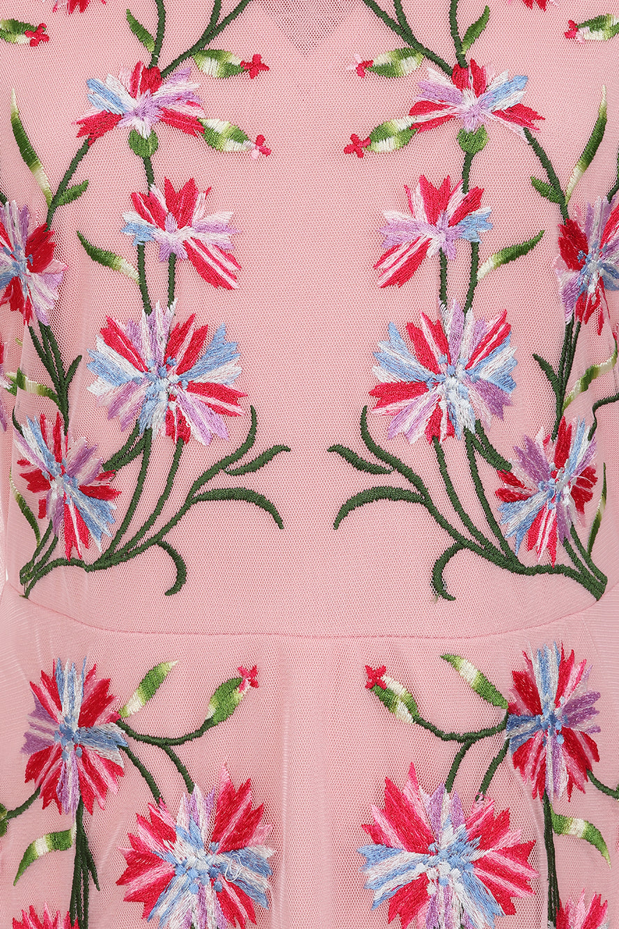 Verena pink floral embroidered maxi dress by Frock & Frill with sheer long sleeves