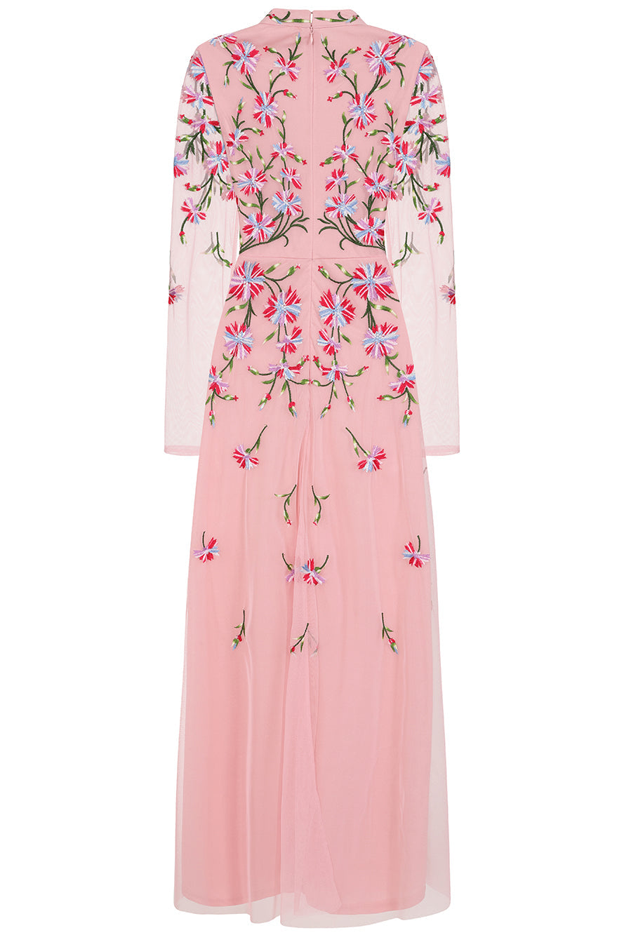 Verena pink floral embroidered maxi dress by Frock & Frill with sheer long sleeves