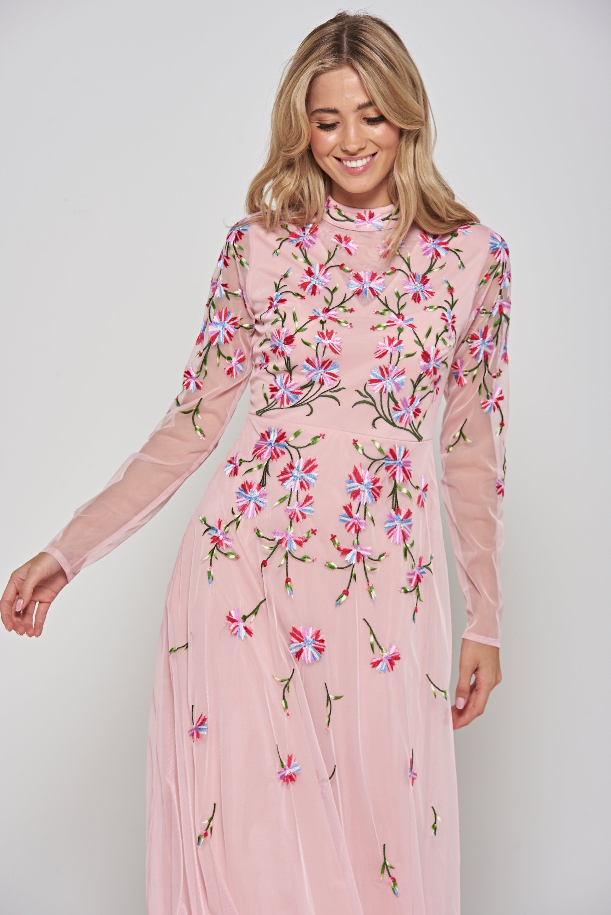 Verena pink floral embroidered maxi dress by Frock & Frill with sheer long sleeves