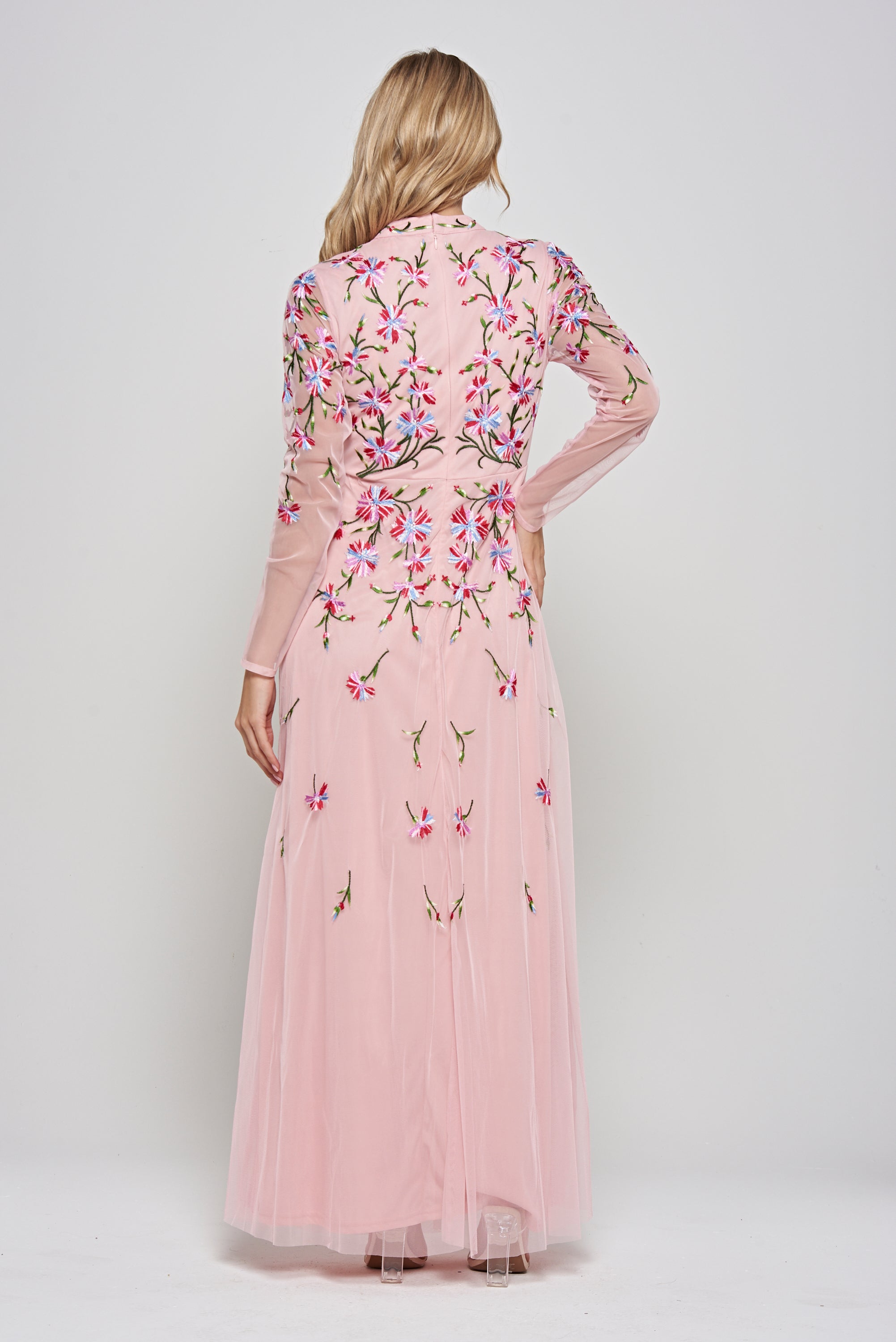 Verena pink floral embroidered maxi dress by Frock & Frill with sheer long sleeves