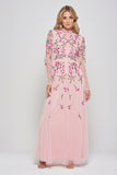 Verena pink floral embroidered maxi dress by Frock & Frill with sheer long sleeves