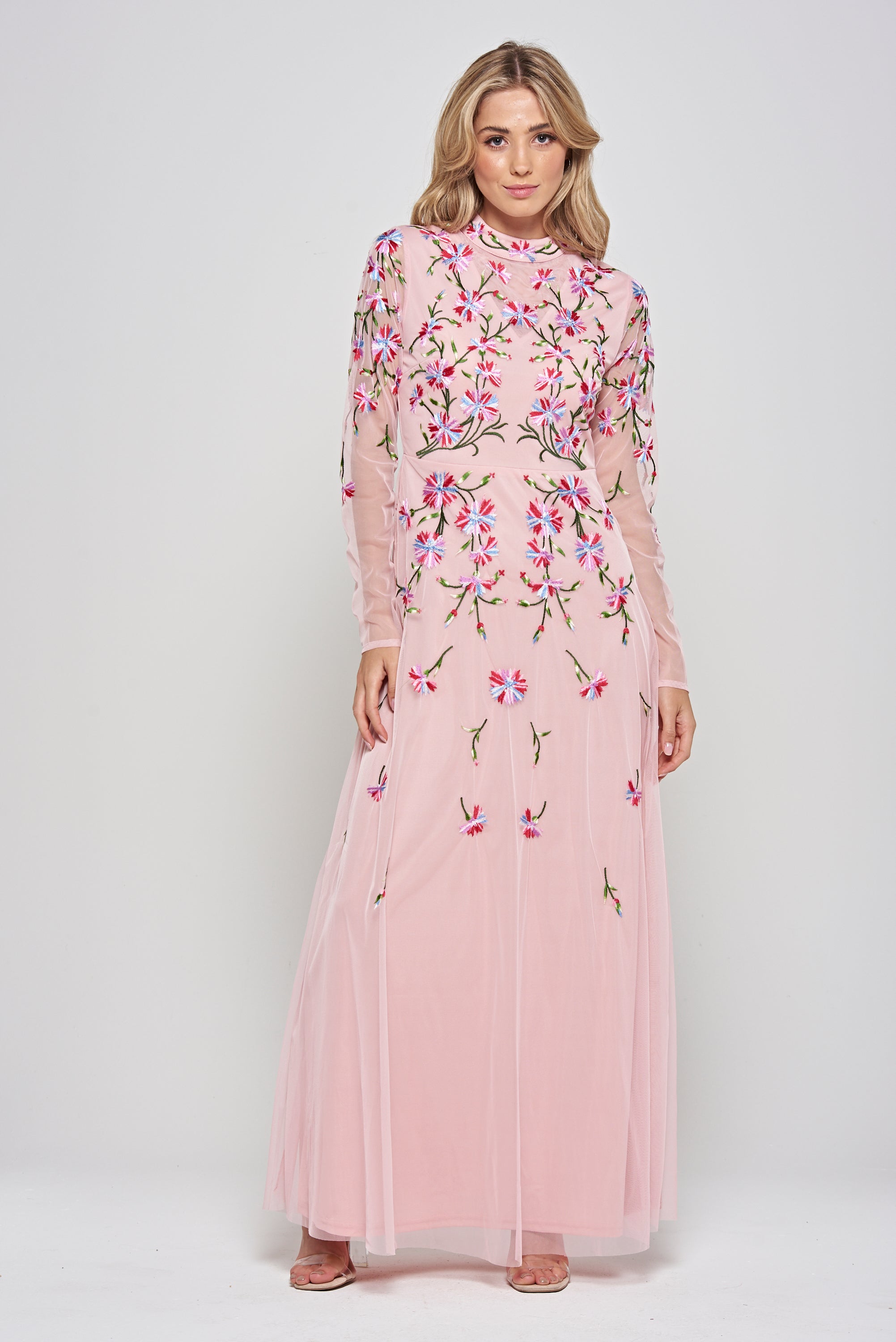 Verena pink floral embroidered maxi dress by Frock & Frill with sheer long sleeves