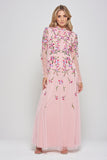 Verena pink floral embroidered maxi dress by Frock & Frill with sheer long sleeves