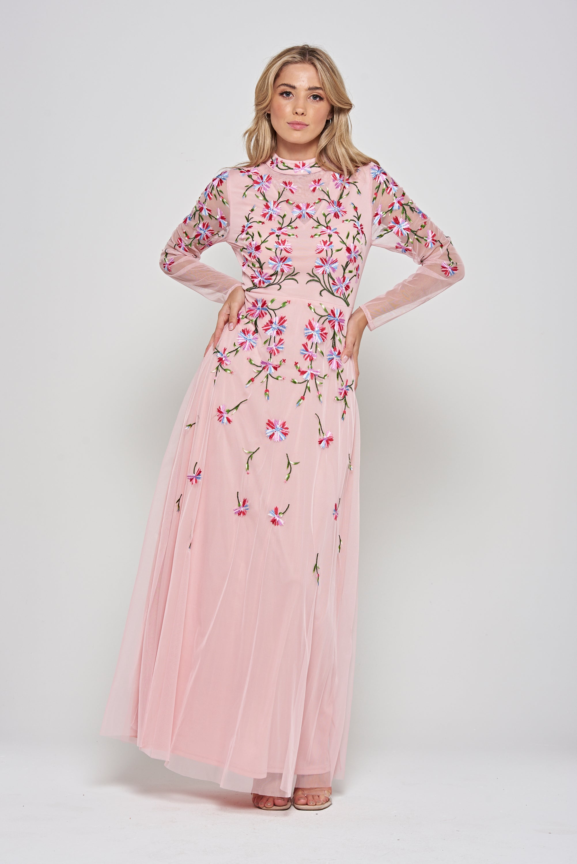 Verena pink floral embroidered maxi dress by Frock & Frill with sheer long sleeves