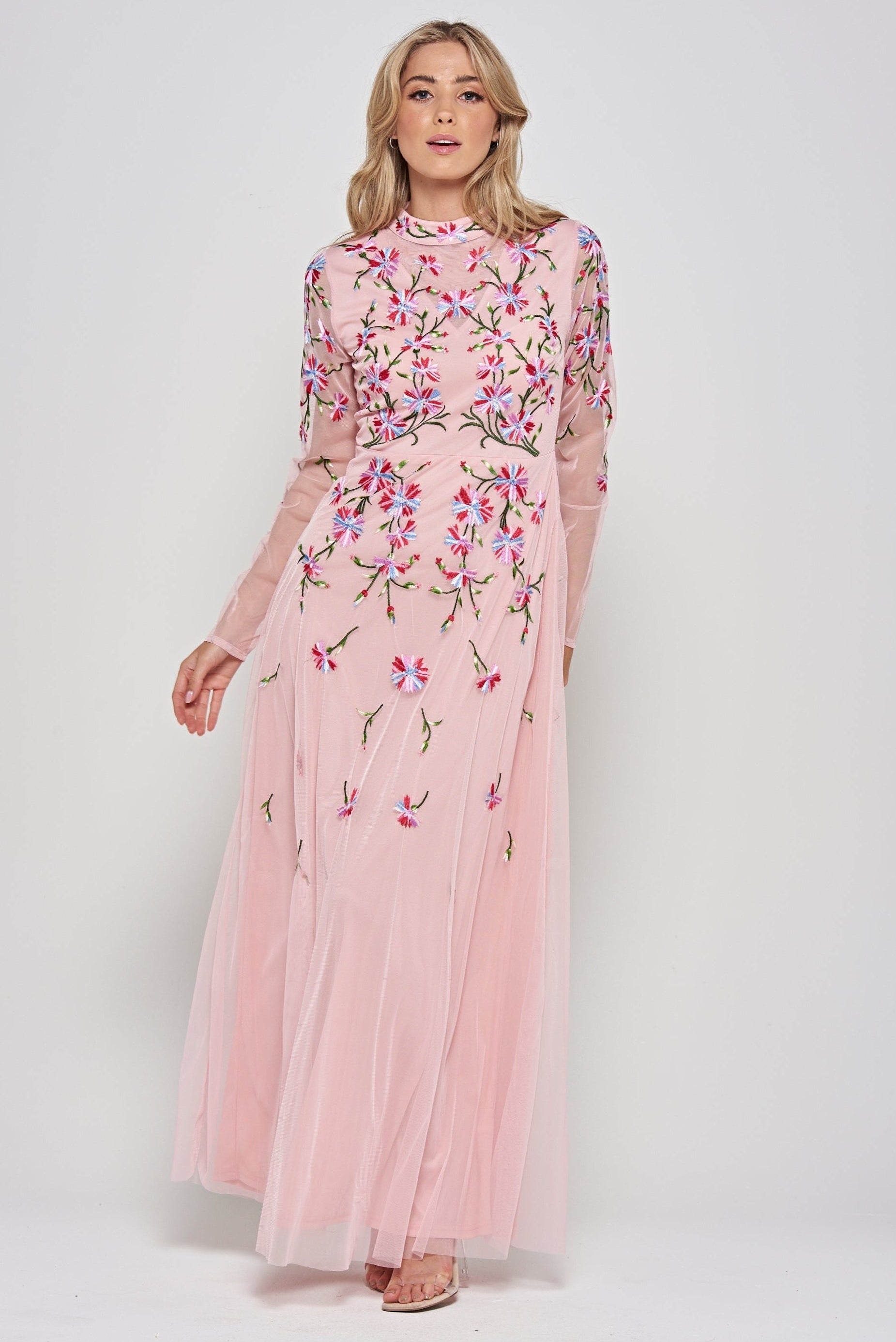 Verena pink floral embroidered maxi dress by Frock & Frill with sheer long sleeves