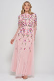 Verena pink floral embroidered maxi dress by Frock & Frill with sheer long sleeves