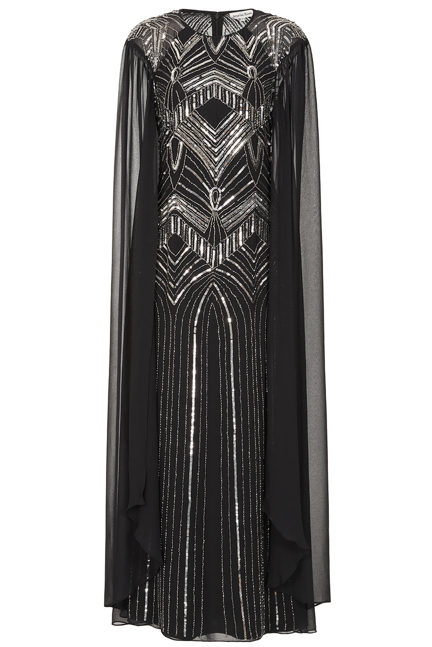 Verna Black Embellished Cape Sleeve Maxi Dress 