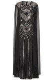 Verna black embellished cape sleeve maxi dress for evening and formal occasions