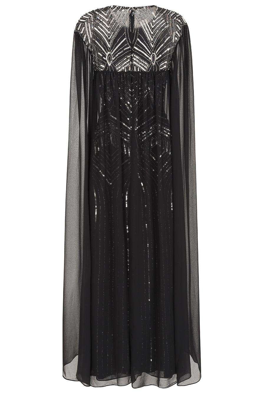 Verna Black Embellished Cape Sleeve Maxi Dress 