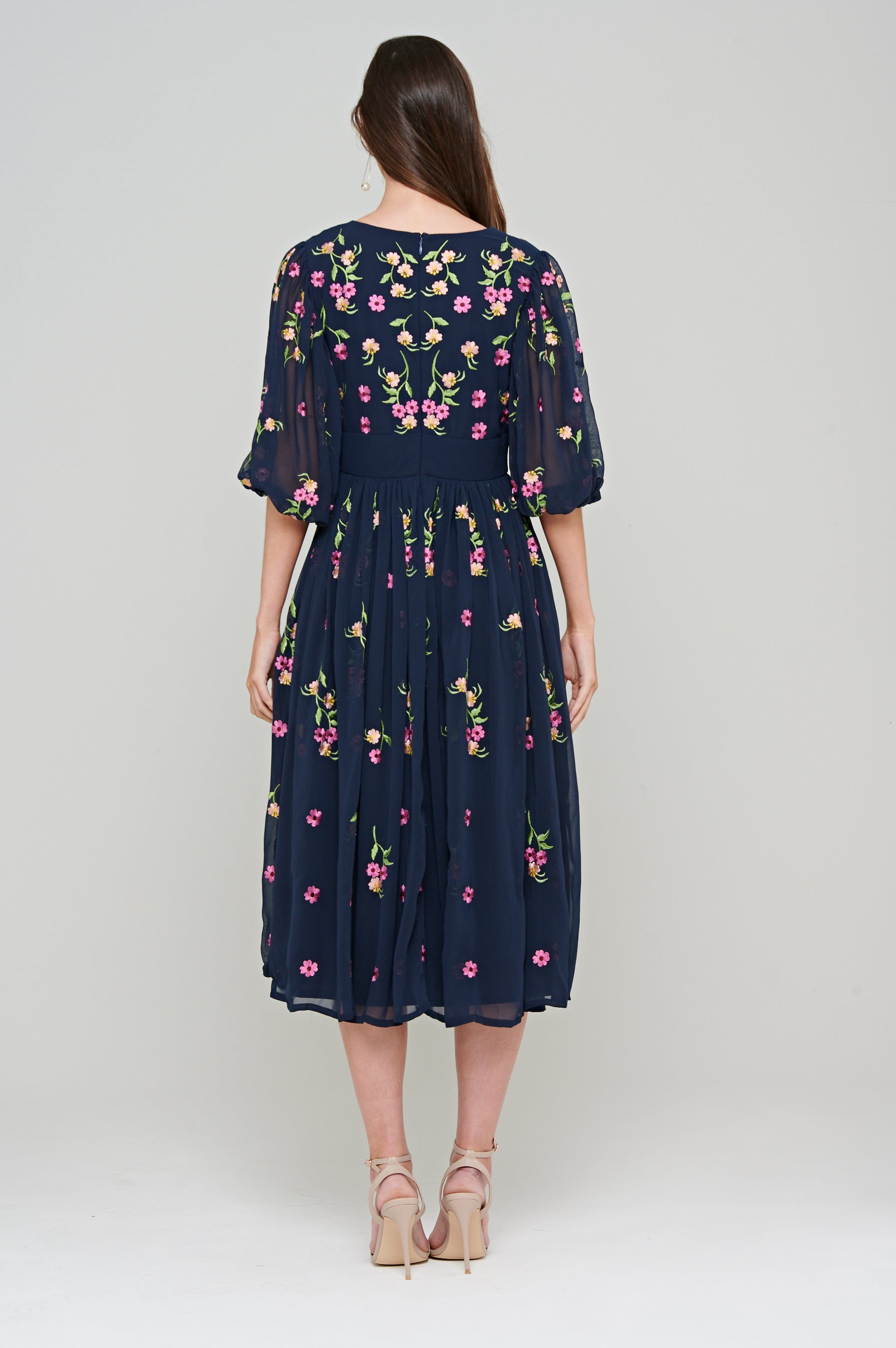 Veronne Floral Embroidered Dress in Navy