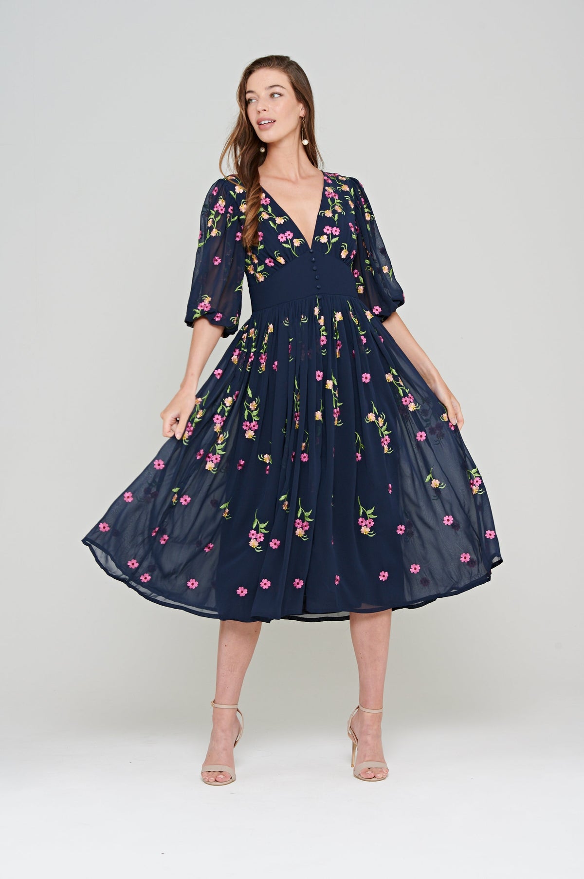 Veronne Floral Embroidered Dress in Navy