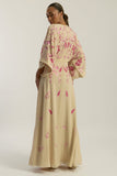 Viola nude embroidered maxi dress with long sleeves, floor-length silhouette, and floral detailing, perfect for weddings, formal events, and modest occasions.
