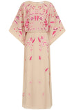 Viola nude embroidered maxi dress with long sleeves, floor-length silhouette, and floral detailing, perfect for weddings, formal events, and modest occasions.