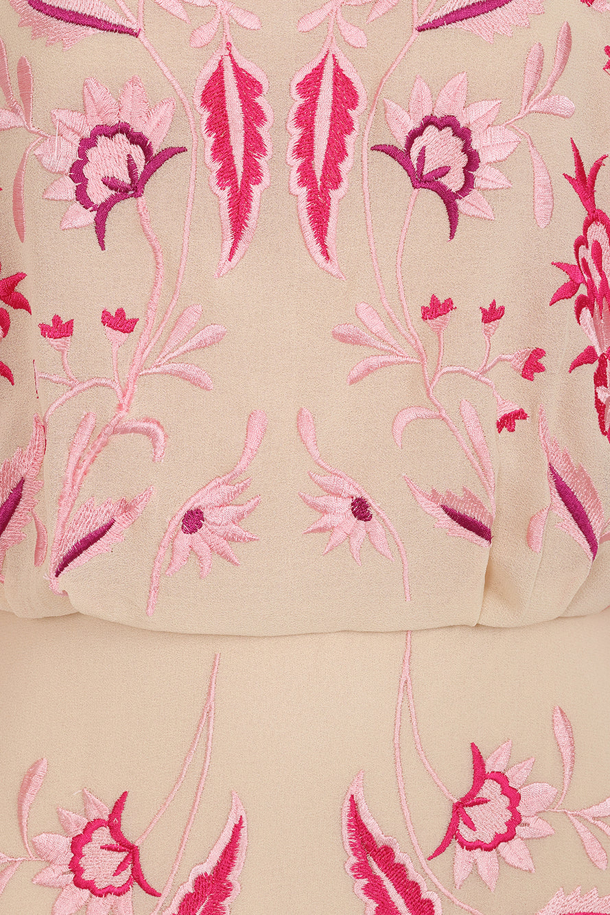 Viola nude embroidered maxi dress with long sleeves, floor-length silhouette, and floral detailing, perfect for weddings, formal events, and modest occasions.