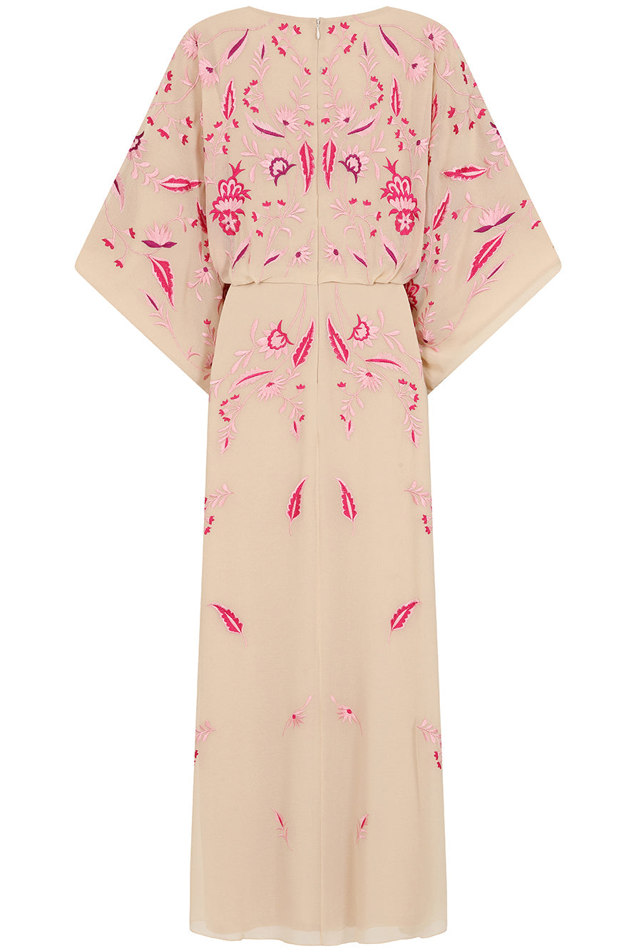 Viola nude embroidered maxi dress with long sleeves, floor-length silhouette, and floral detailing, perfect for weddings, formal events, and modest occasions.