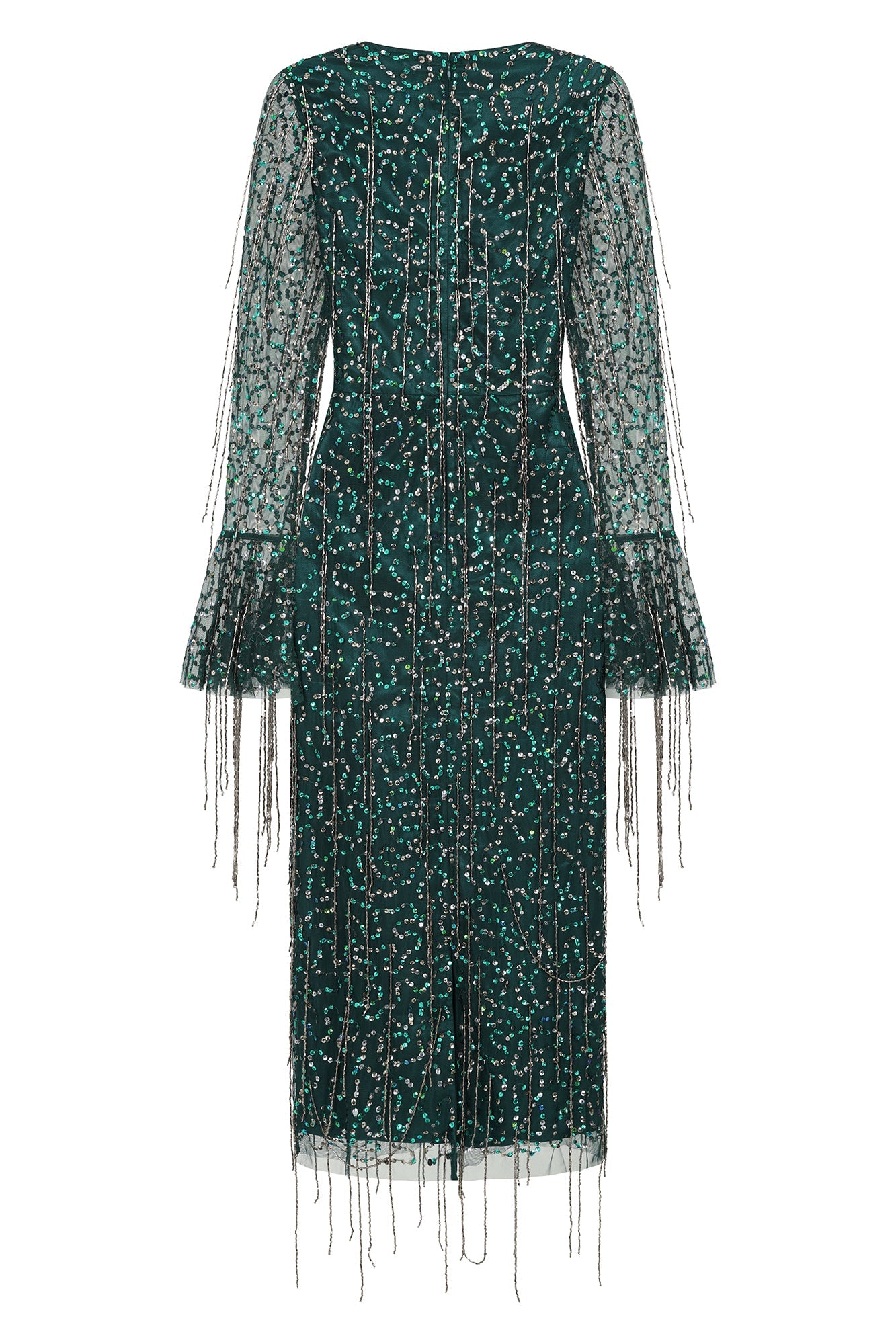 Wren Green Sequin Midi Dress with Beaded Tassels