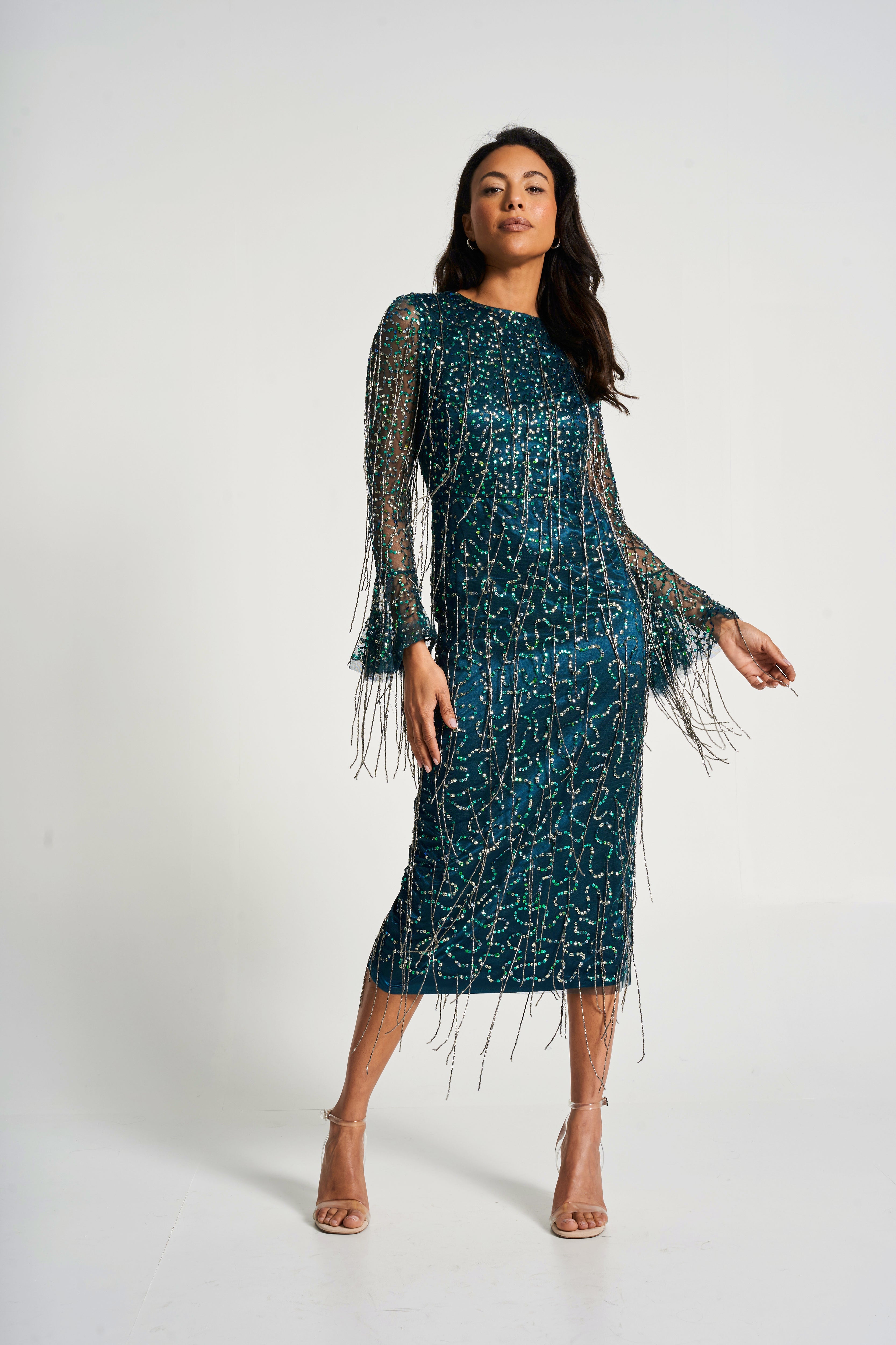 Wren Green Sequin Midi Dress with Beaded Tassels