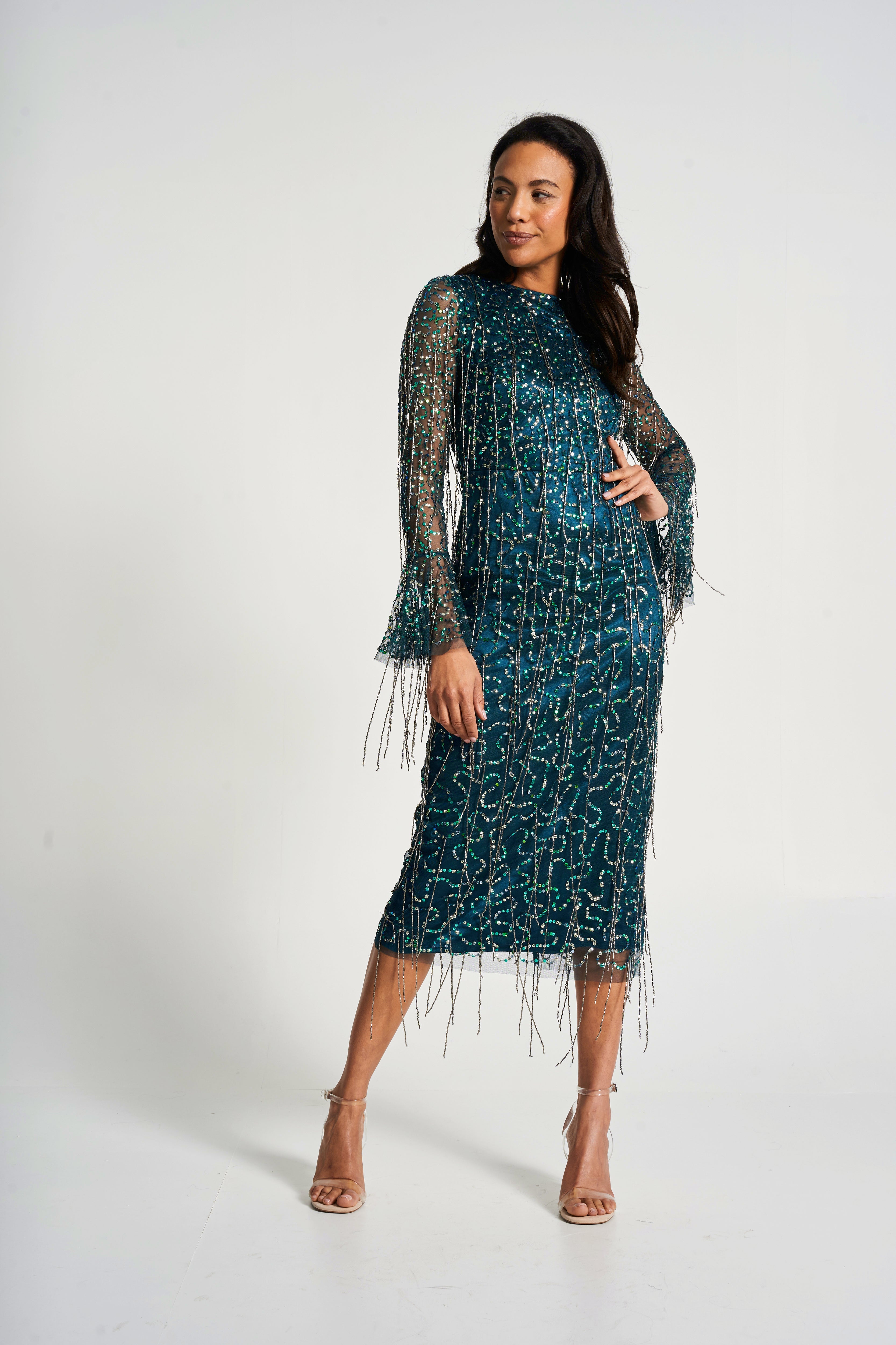 Wren Green Sequin Midi Dress with Beaded Tassels