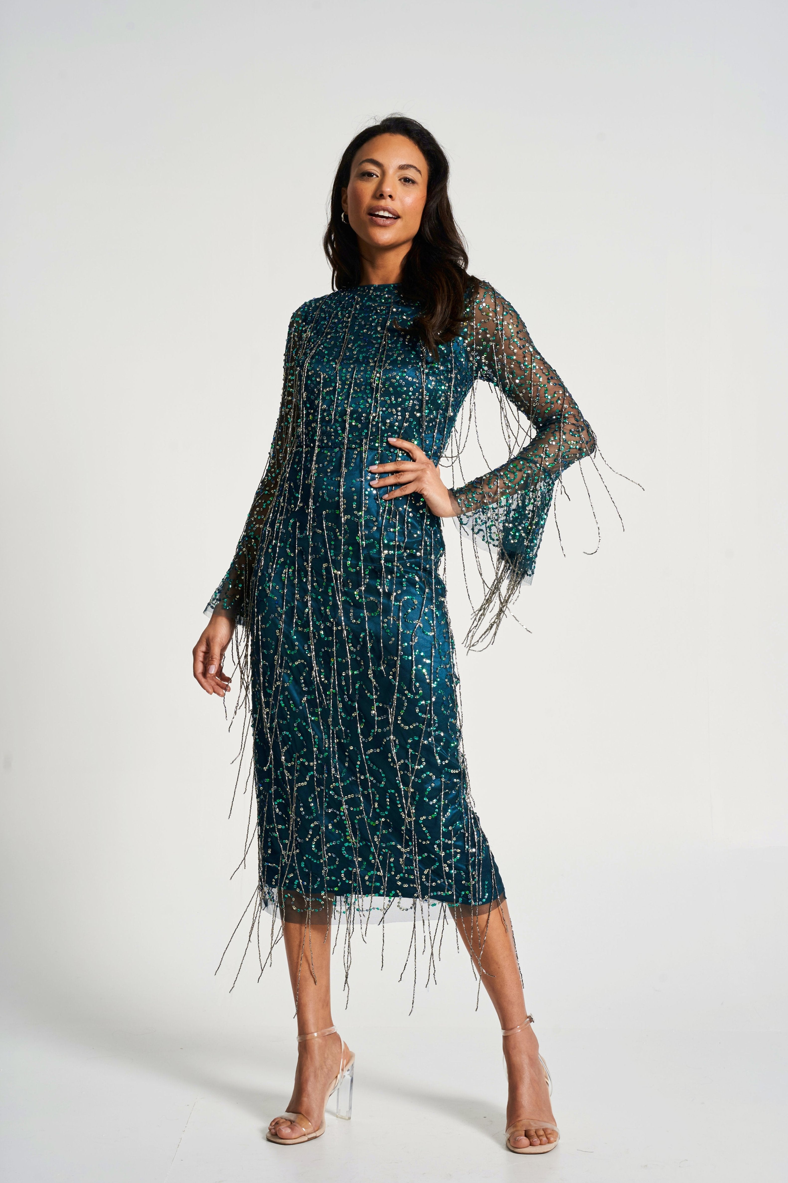 Wren Green Sequin Midi Dress with Beaded Tassels