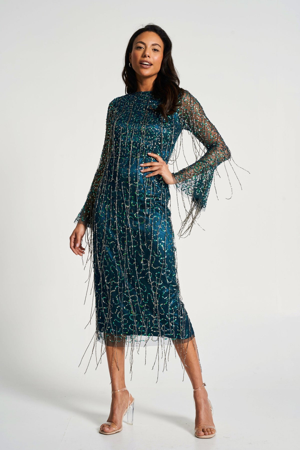 Wren Green Sequin Midi Dress with Beaded Tassels