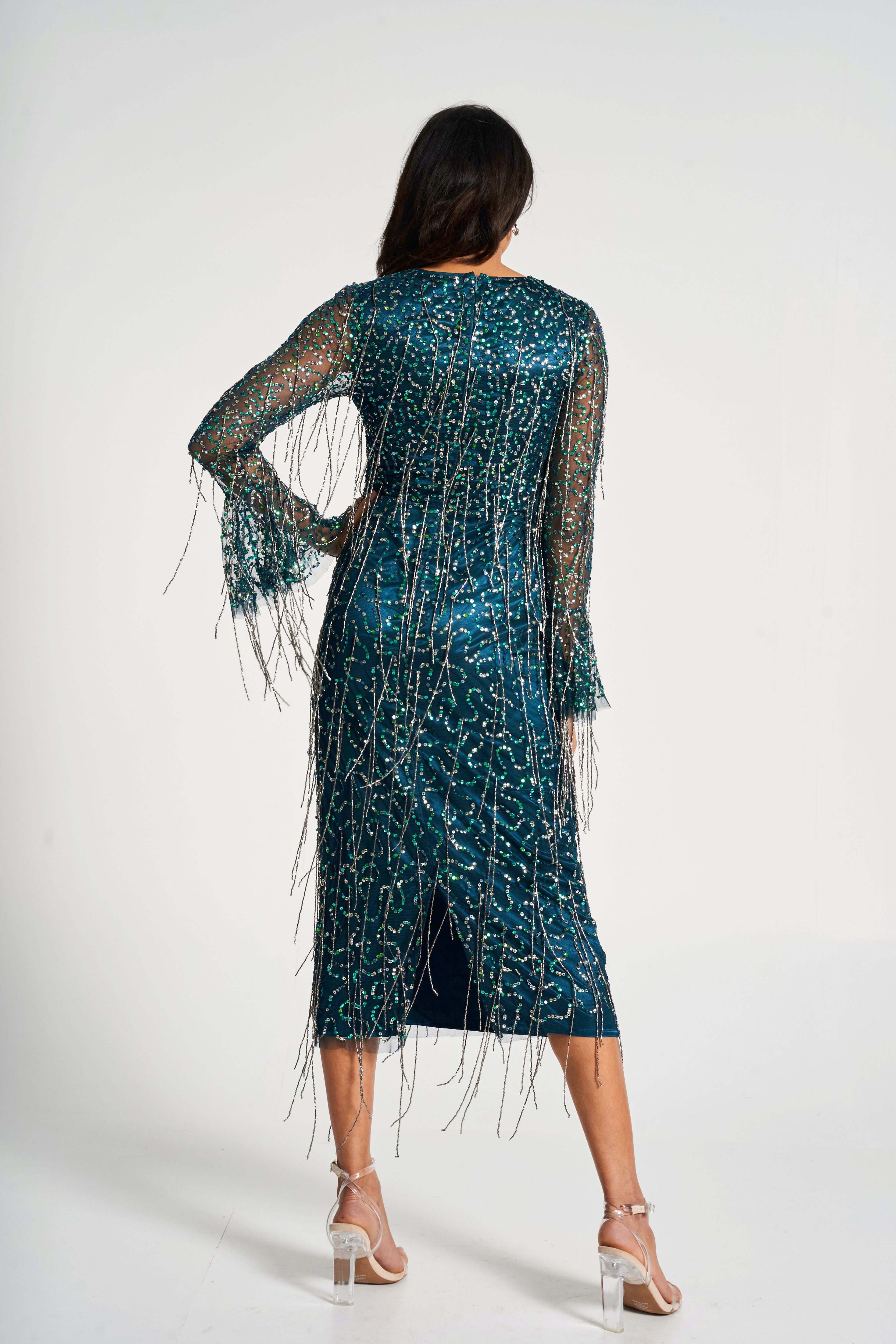 Wren Green Sequin Midi Dress with Beaded Tassels