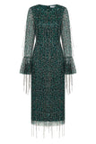 Wren Green Sequin Midi Dress with Beaded Tassels