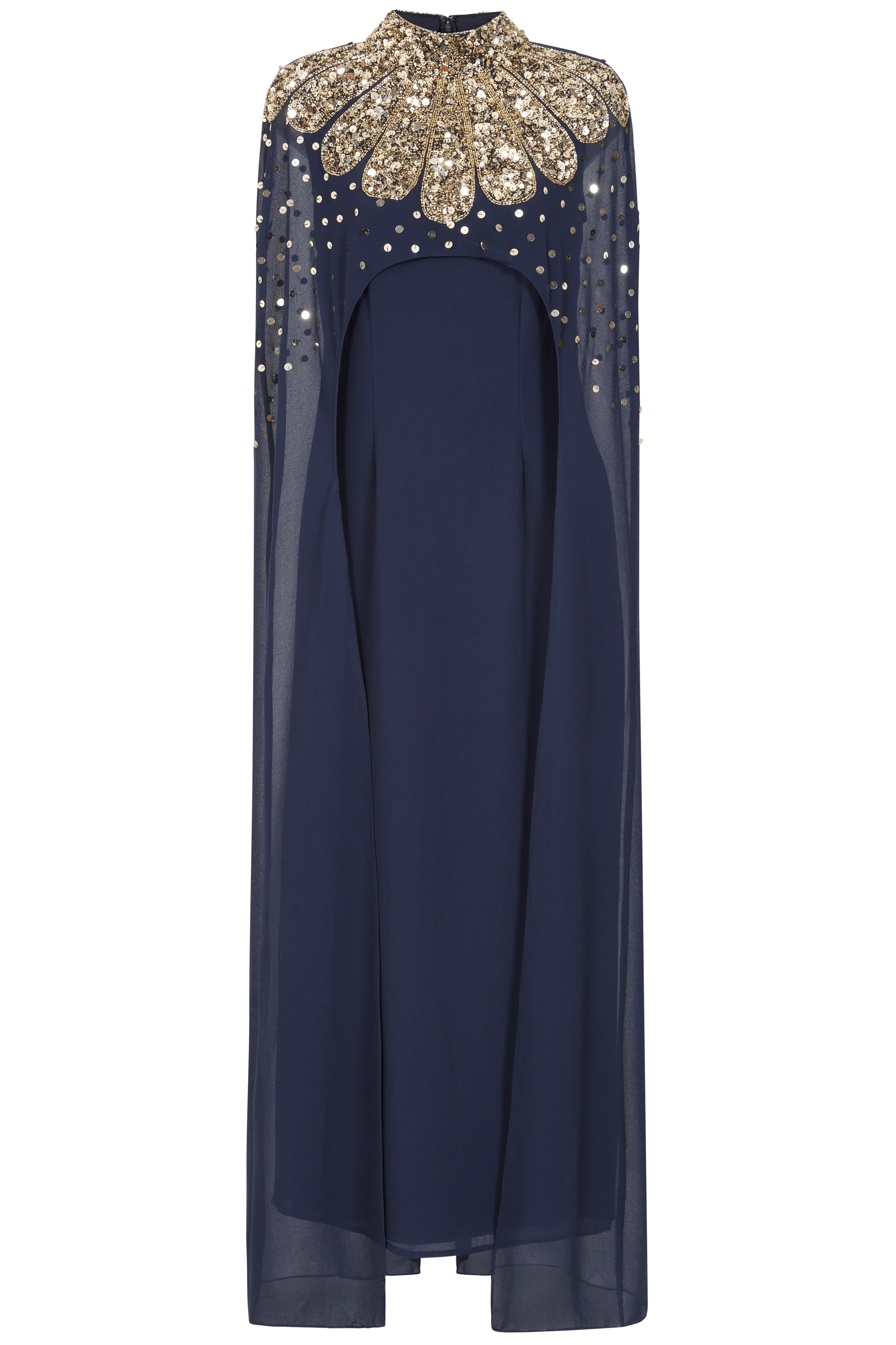 Zadie Navy Embellished Cape Maxi Dress with gold embellished neckline and flowing sheer cape 