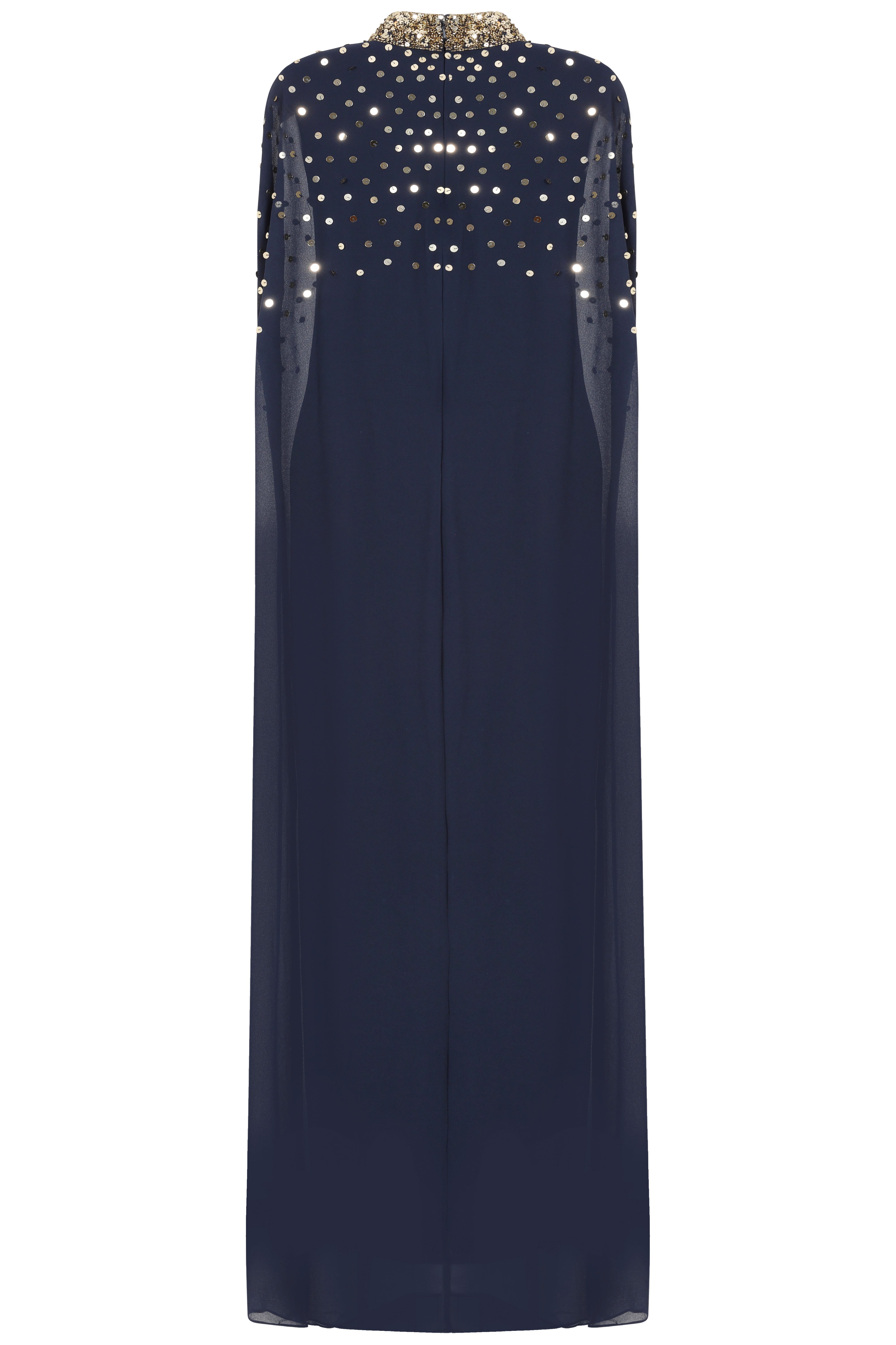 Zadie Navy Embellished Cape Maxi Dress with gold embellished neckline and flowing sheer cape