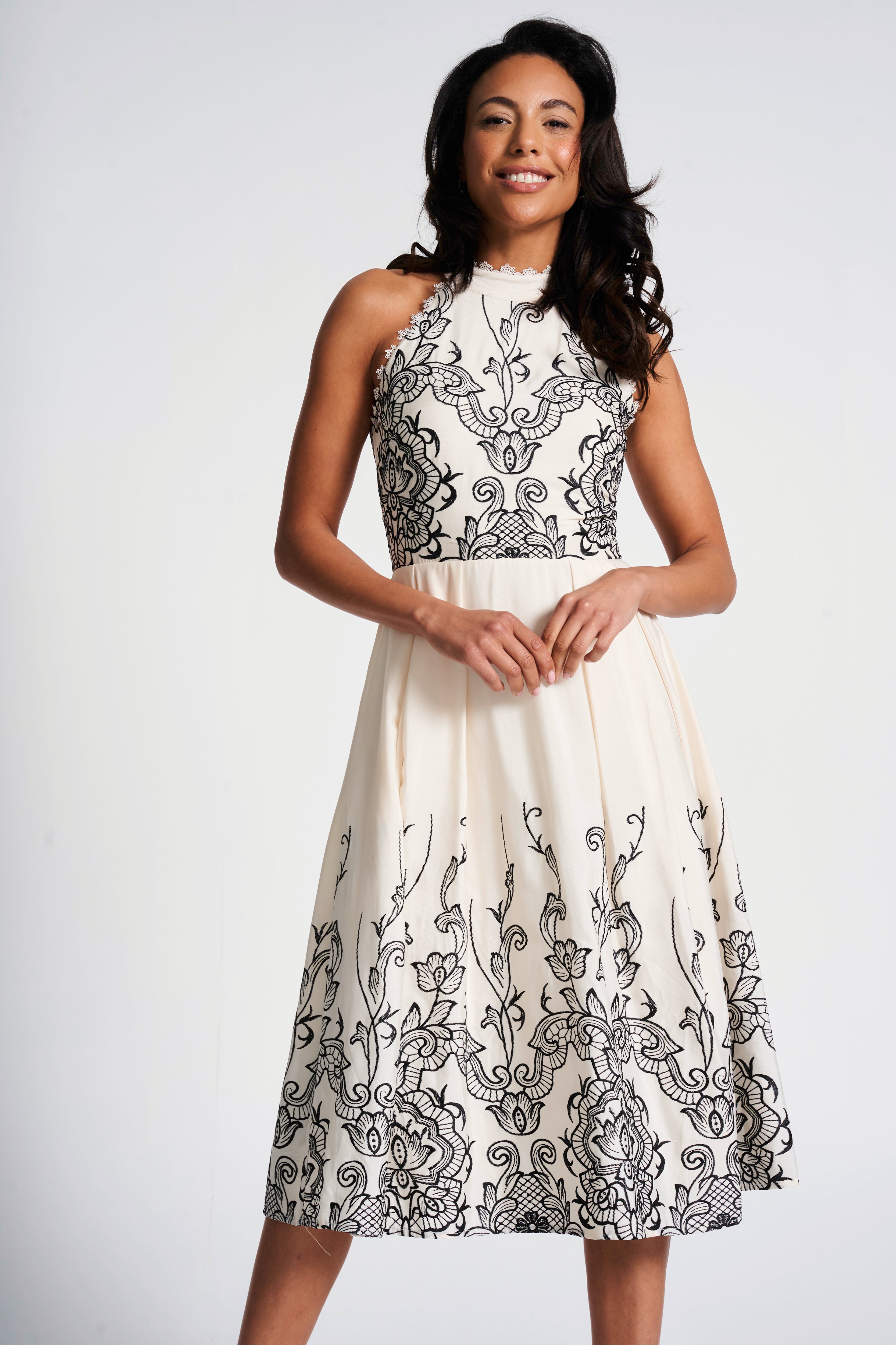 Zalie Off White Embroidered Halter Neck Midi Dress