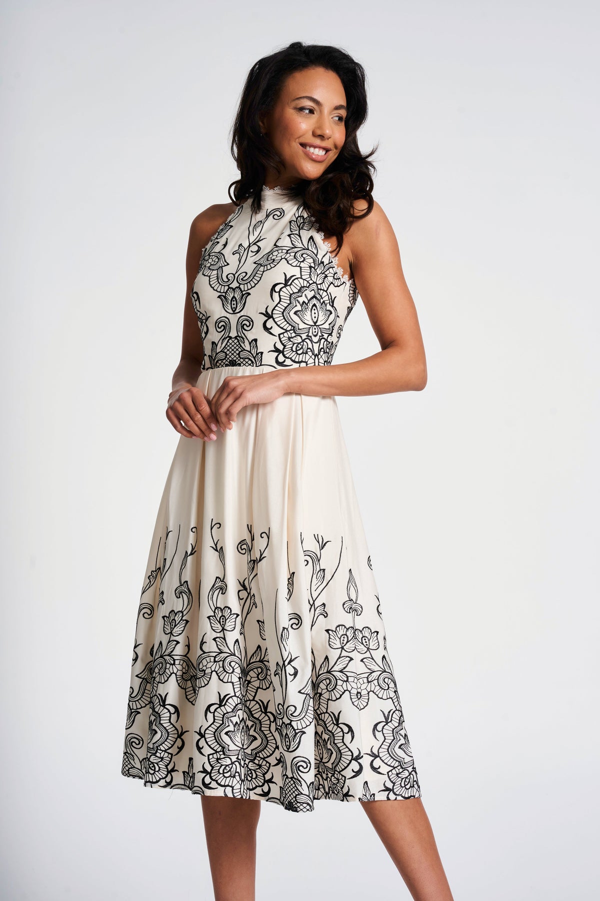 Zalie Off White Embroidered Halter Neck Midi Dress