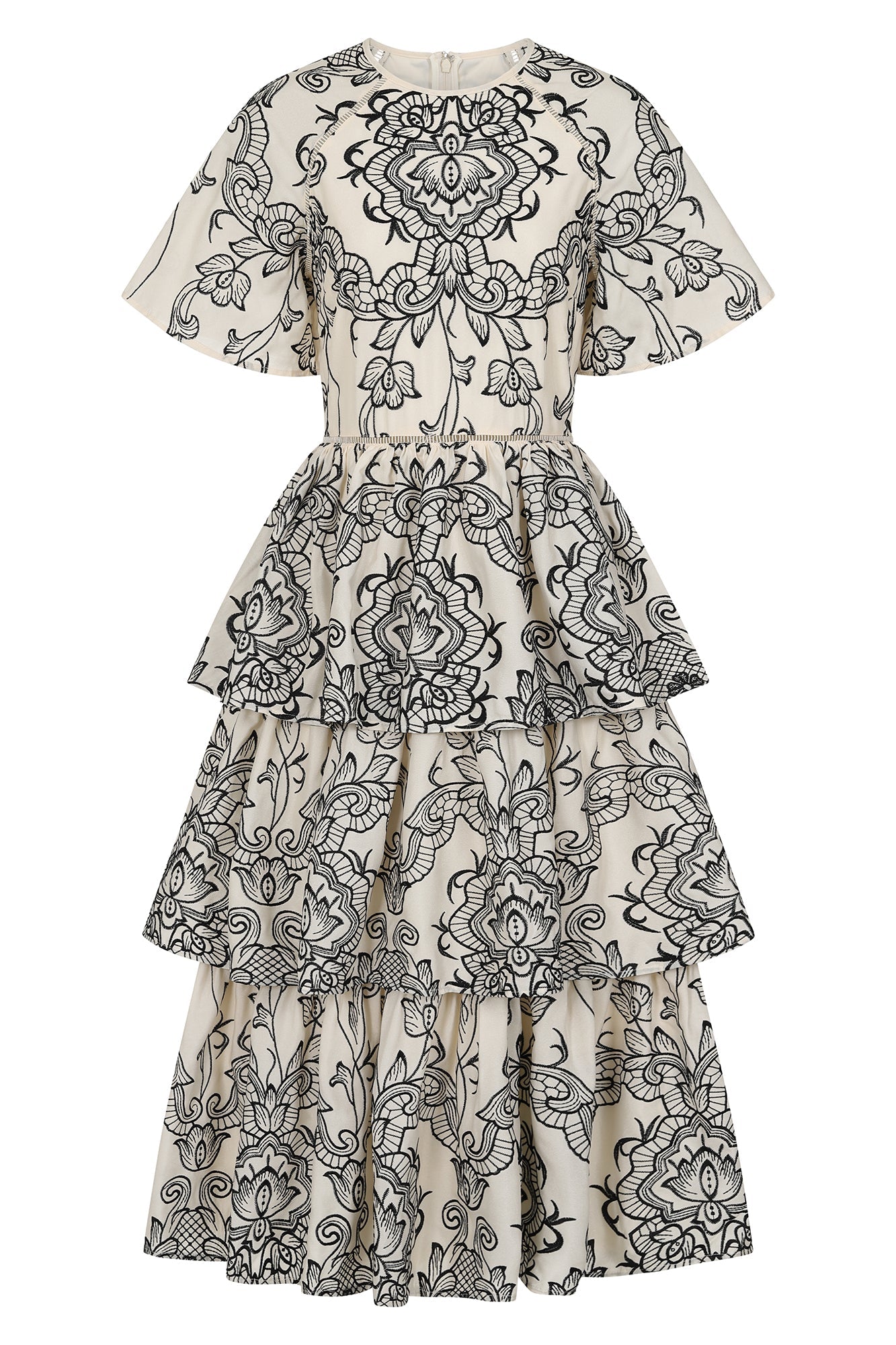 Zariah Off White Embroidered Tiered Midi Dress 