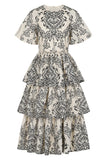 Zariah Off White Embroidered Tiered Midi Dress 