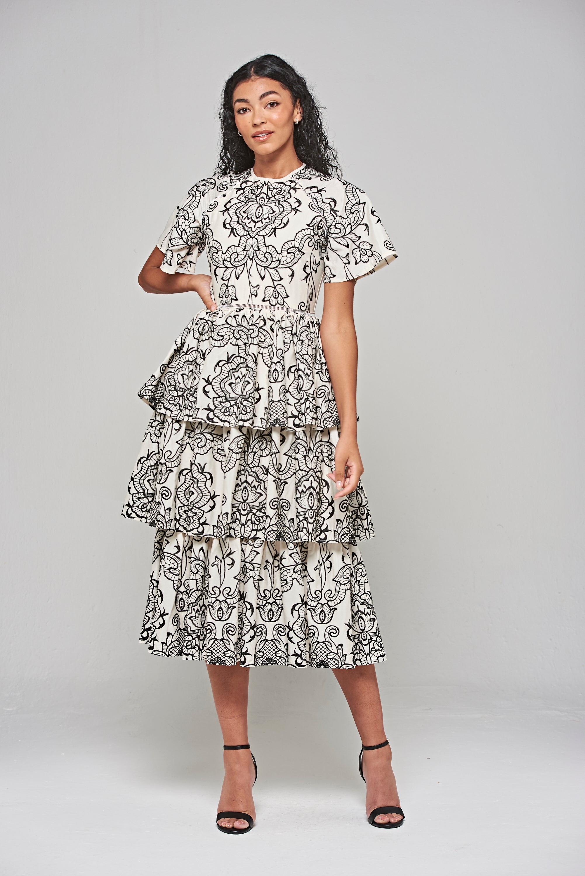 Zariah Off White Embroidered Tiered Midi Dress 