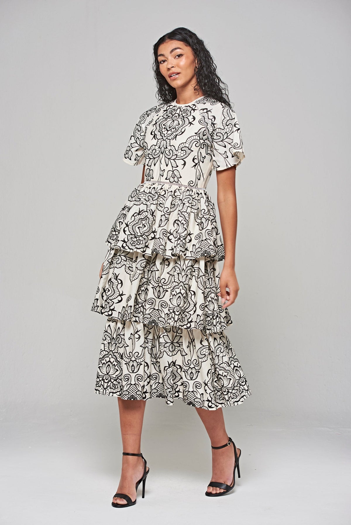 Zariah Off White Embroidered Tiered Midi Dress 