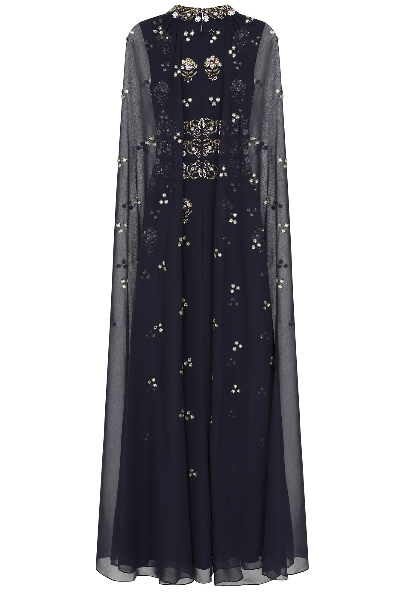 Zarna Embellished Maxi Dress with Cape Sleeves - Navy