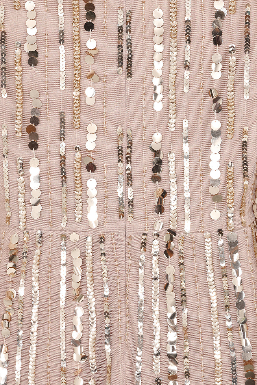 Zillah Nude Gold Embellished Cape Sleeve Maxi Dress