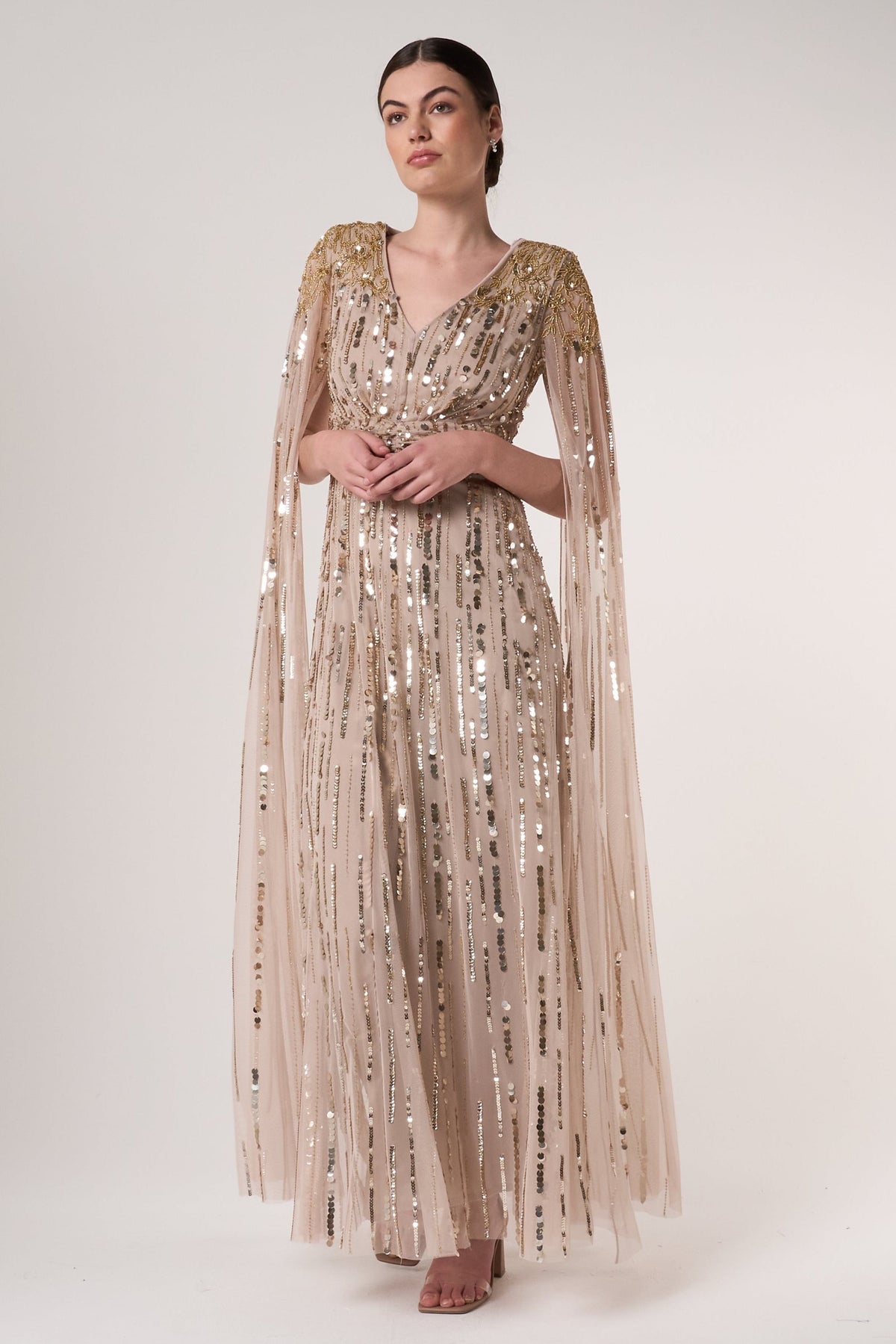 Zillah Nude Gold Embellished Cape Sleeve Maxi Dress