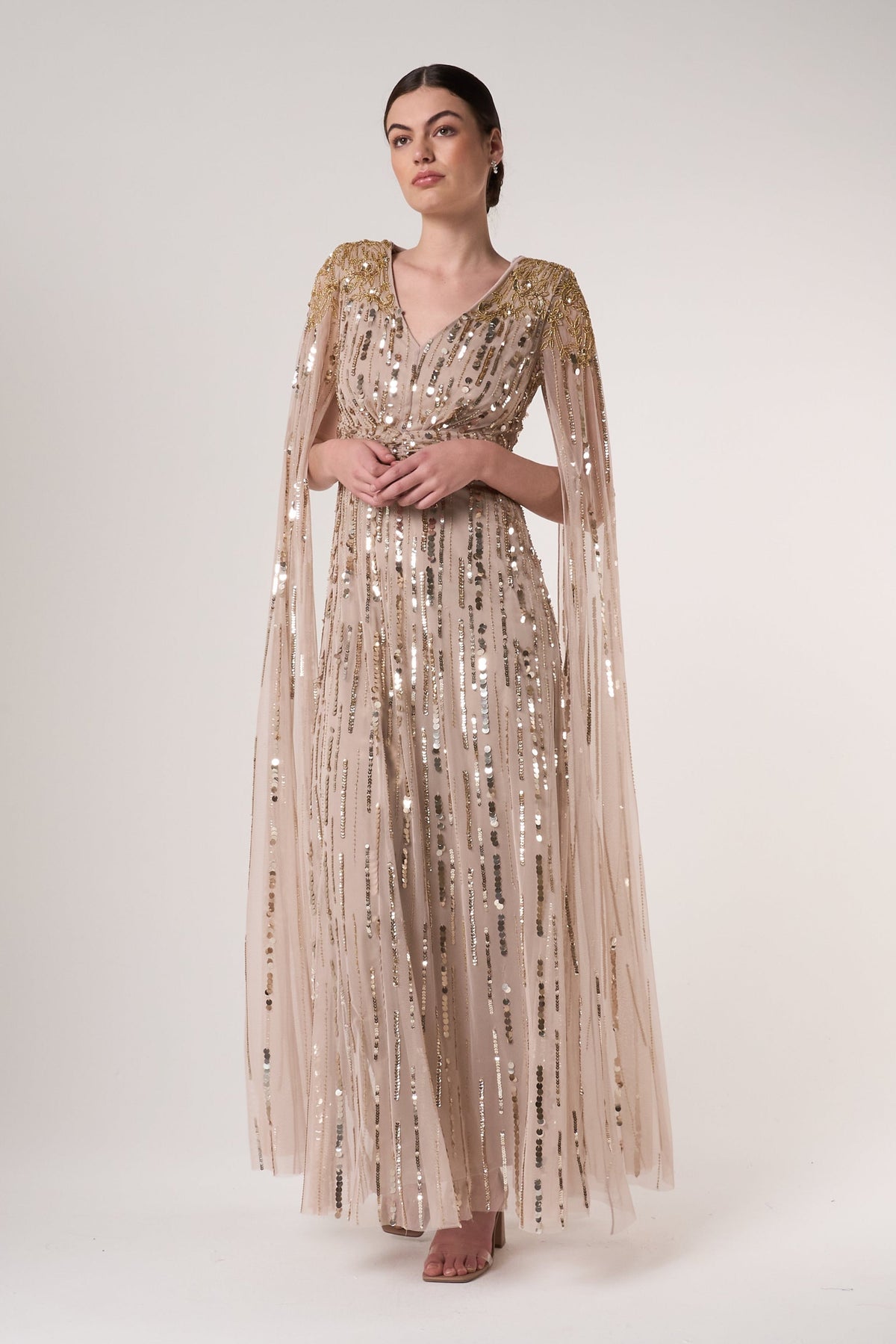 Zillah Nude Gold Embellished Cape Sleeve Maxi Dress