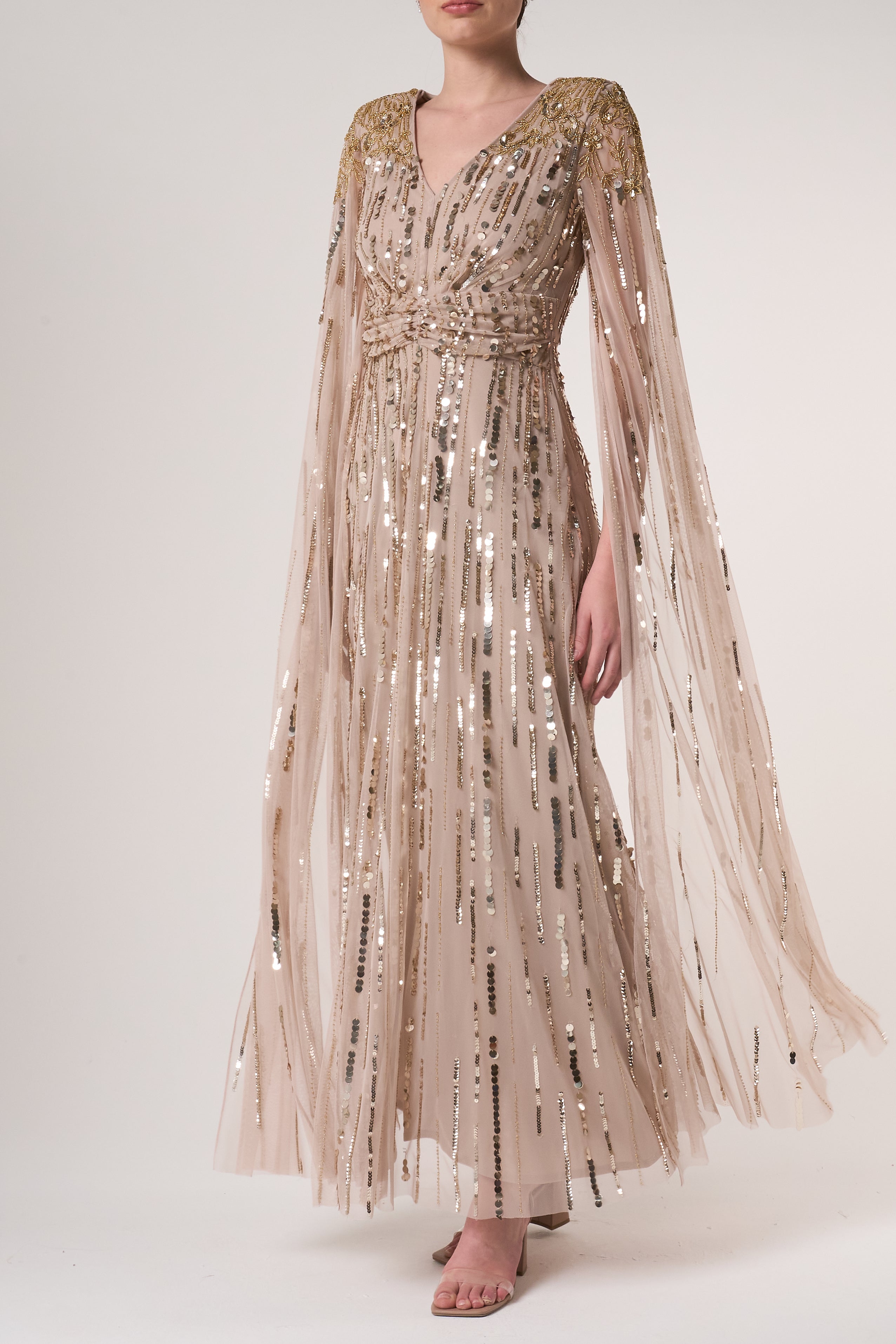 Zillah Nude Gold Embellished Cape Sleeve Maxi Dress