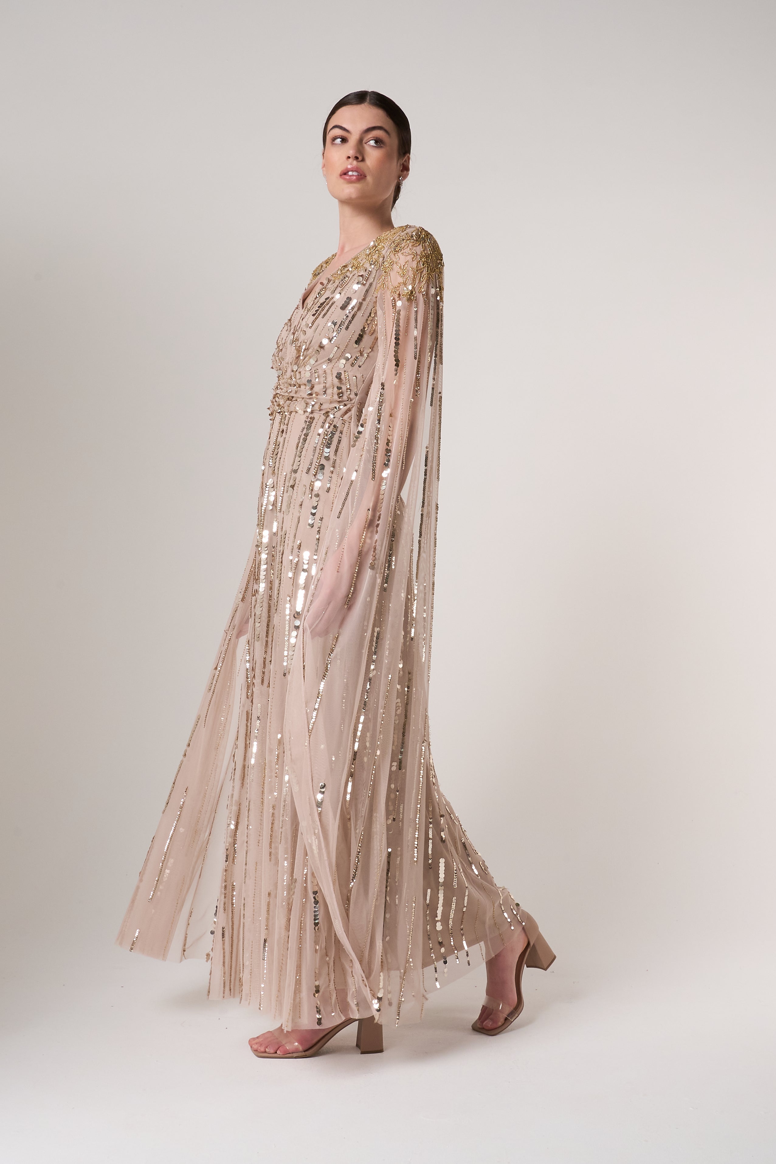 Zillah Nude Gold Embellished Cape Sleeve Maxi Dress