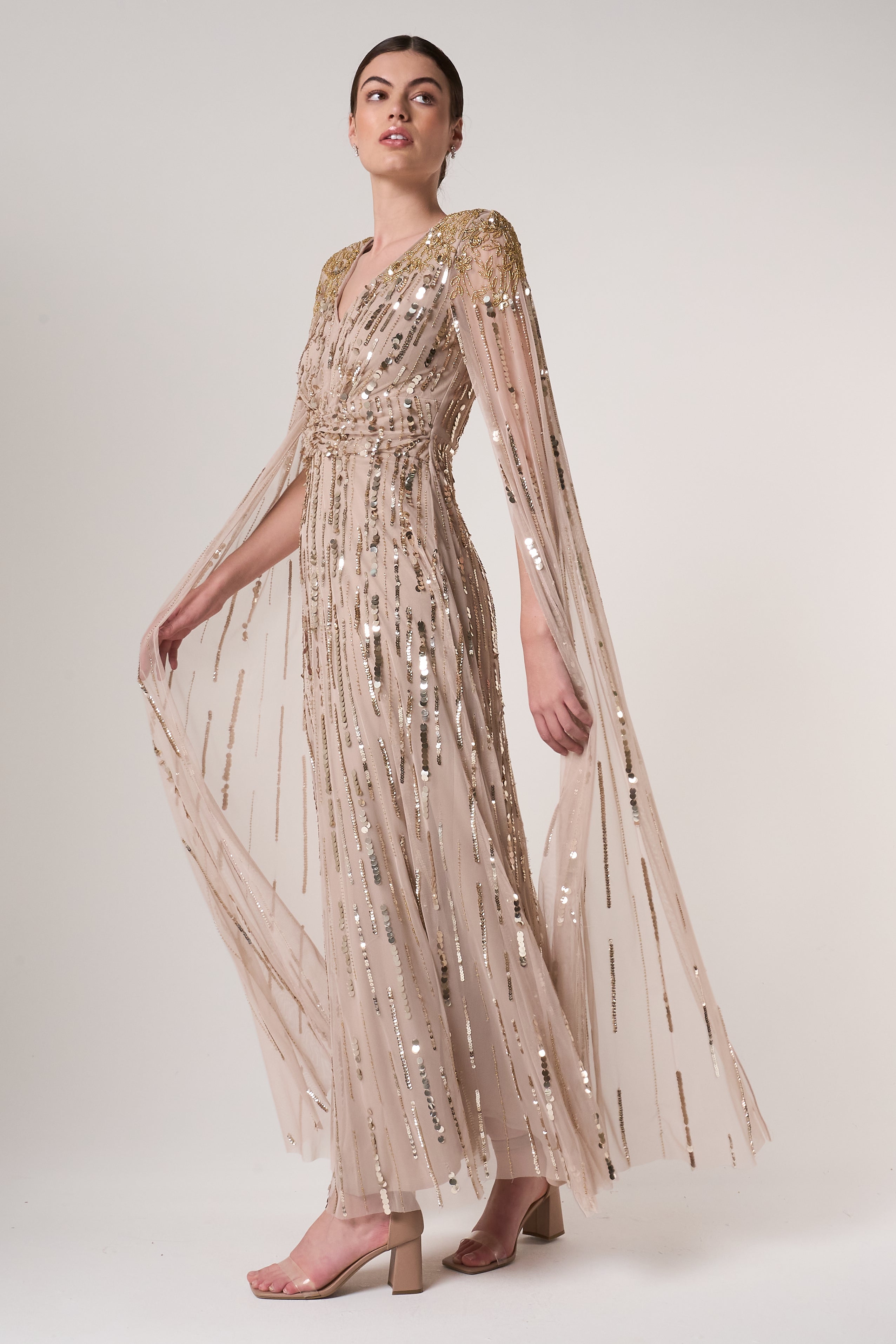 Zillah Nude Gold Embellished Cape Sleeve Maxi Dress